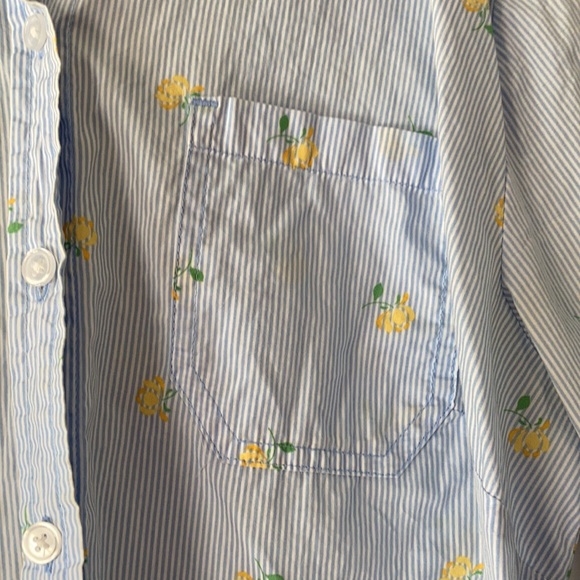 Karen Scott blue white pink striped yellow rose floral printed button front top - Picture 6 of 17